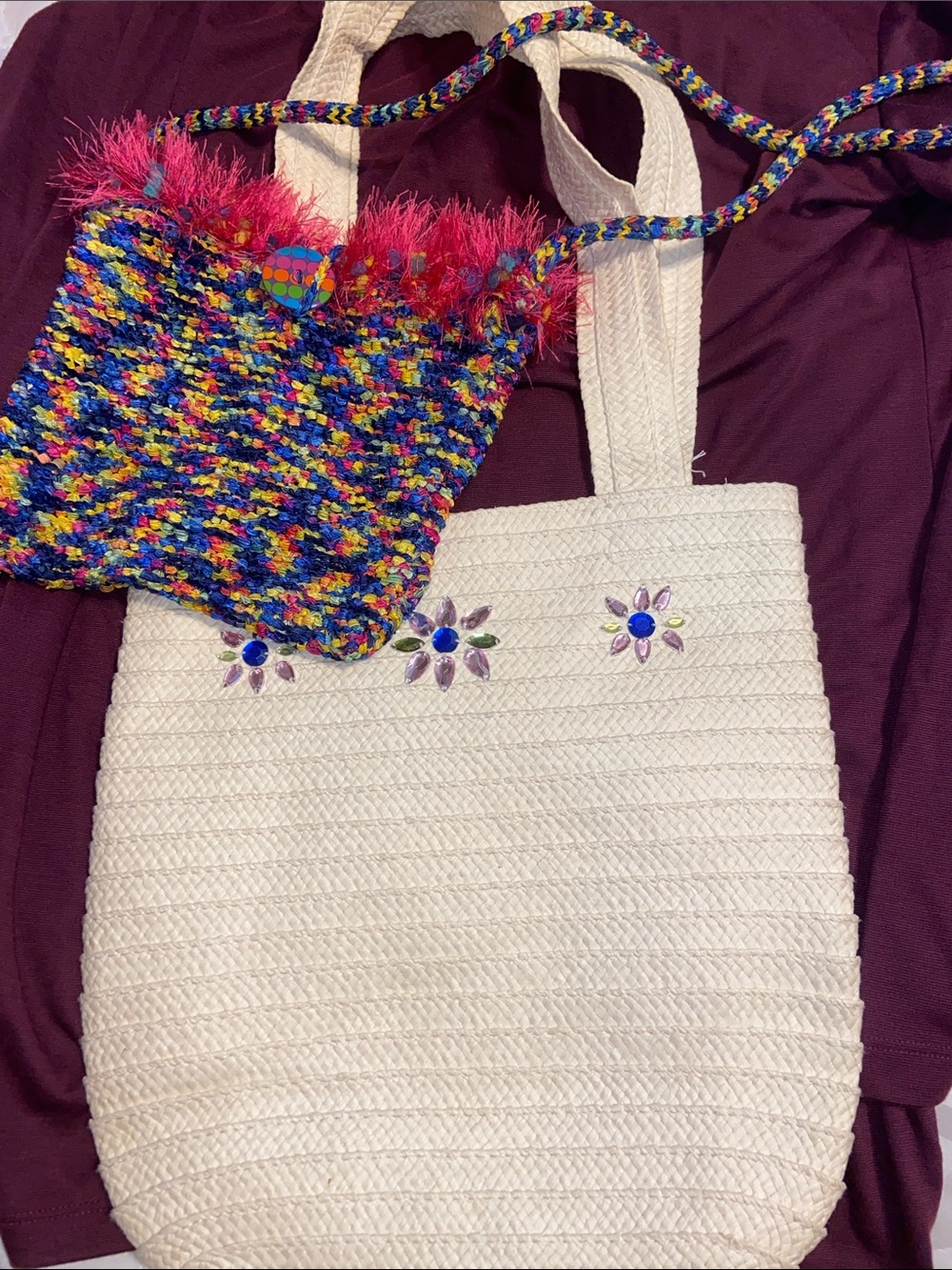 2 FUNKY WOVEN BAGS PURSED Rainbow Pink & Bedazzled Cream